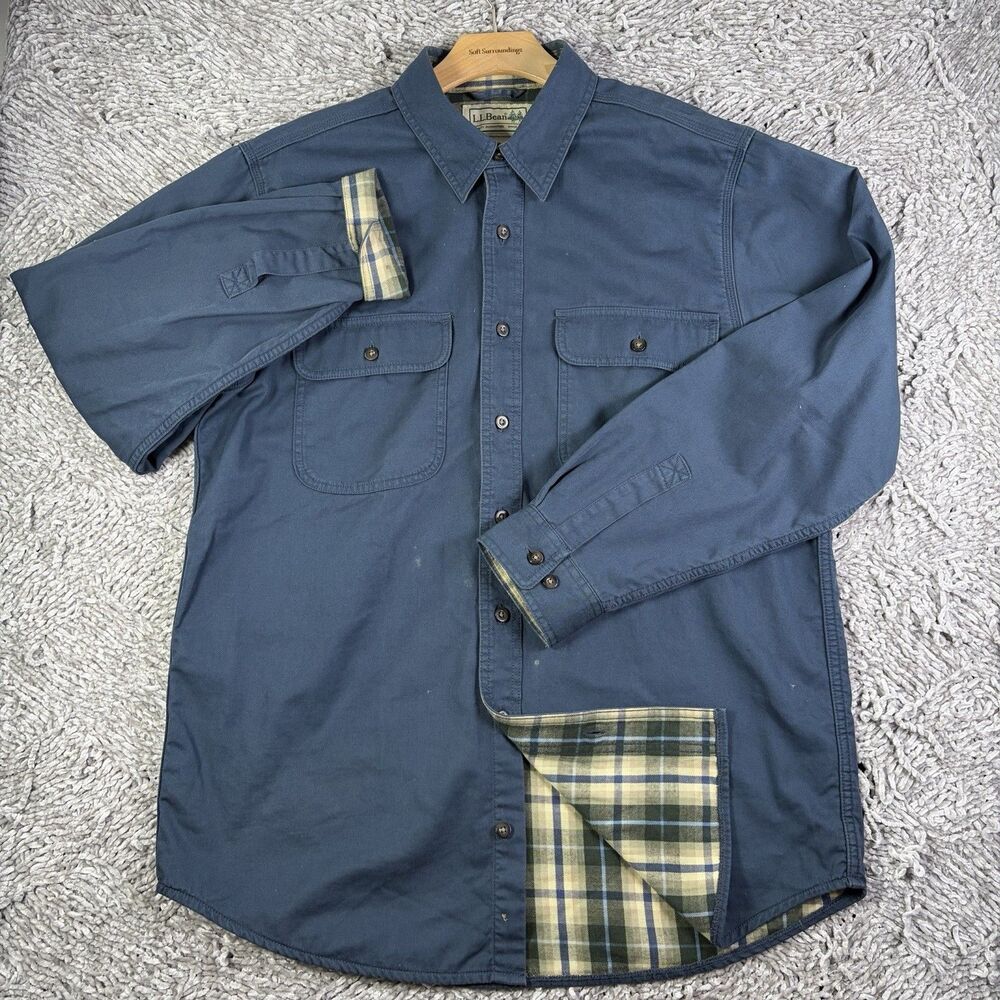 LL Bean Lined Flannel Hurricane Shirt Mens Medium Navy Blue Utility Pockets Barn